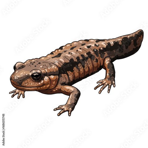 Hand-drawn watercolor vector image of a giant Japanese salamander. Detailed zoological illustration of a rare amphibian creature isolated on white