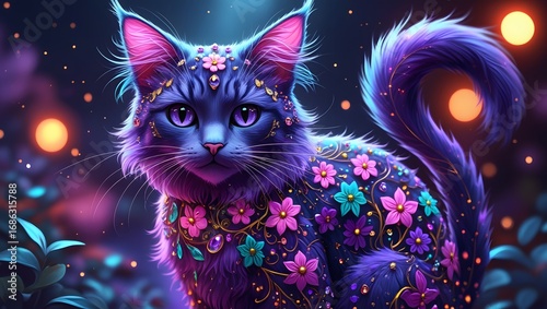 Fantastical Cat with Glowing Mushrooms for a Fairytale or Fantasy Theme