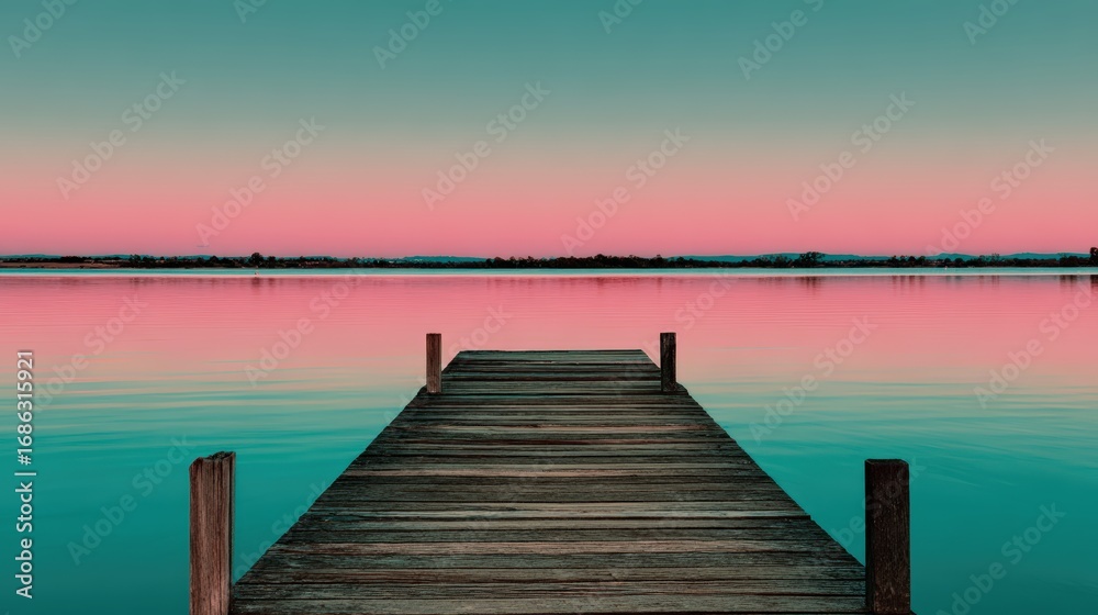 Fototapeta premium Serene wooden pier extending into calm reflective lake du vibrant colorful sunset with pink orange and teal sky