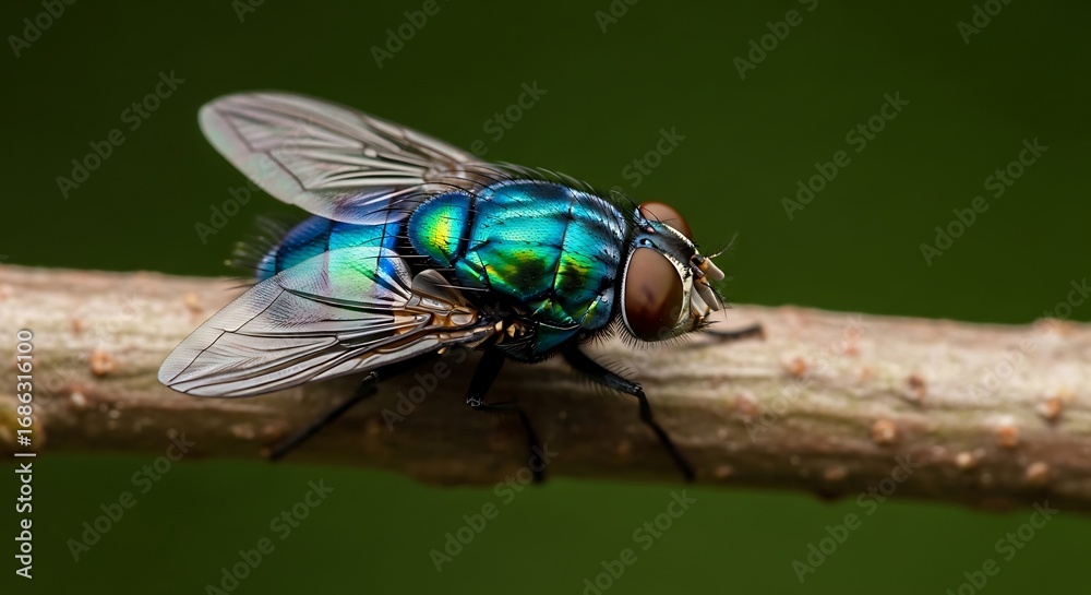 Fototapeta premium Iridescent Green Bottle Fly Resting on a Branch with Dark Green Background