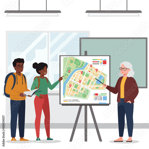 Three people study a map on a display stand A woman points at the map with a stick Two people stand next to her
