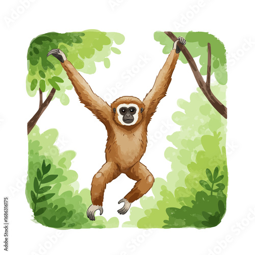 A charming watercolor style vector illustration of an adorable brown gibbon swinging from a tree branch in a lush tropical jungle environment