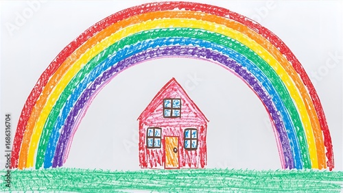 Crayon drawing, kid style, colorful house, simple shapes, playful, bright and cheerful