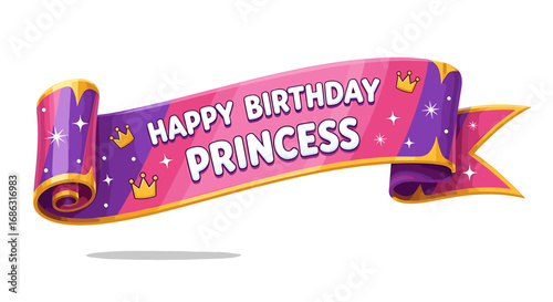 A pink and purple ribbon banner with golden details, proclaiming "Happy Birthday Princess".