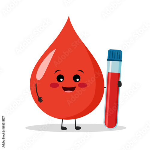 Cute funny blood drop cartoon character with blood tube sample.