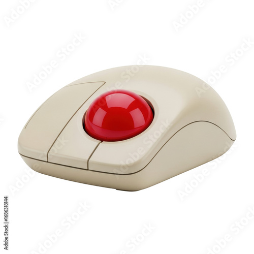 A chunky, creamy beige vintage wireless computer mouse with a spherical red trackball centrally on a transparent background with generous copy space, nostalgic retro computing tribute