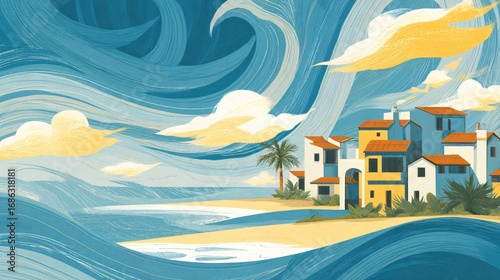 Seaside villas are gently submerged by an ethereal, stylistic wave in a dreamlike scene.