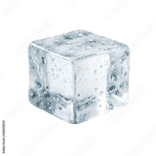 Clear ice cube with air bubbles isolated on transparent background