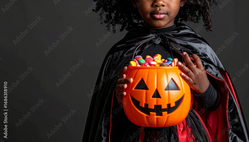 Fototapeta premium Child holding pumpkin bucket filled with candies for Halloween