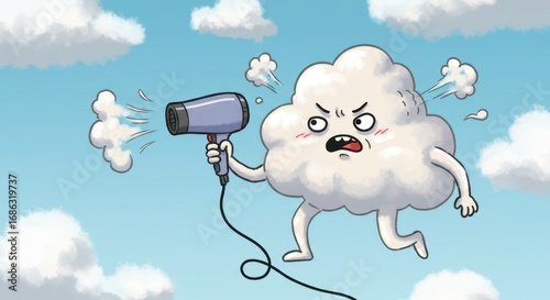 Angry Cloud Using Hair Dryer Cartoon Illustration