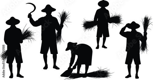 "Traditional Farmers Harvesting Crops Silhouette Vector with Hats, Sickles, and Bundles Depicting Rural Agriculture and Manual Labor Scene"