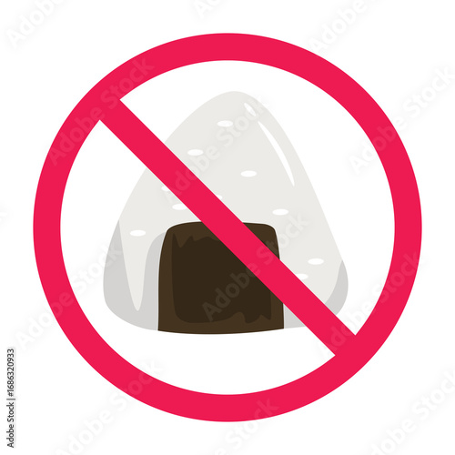 No onigiri sign, forbidden japanese rice ball sign, omusubi prohibited symbol, do not eat onigiri symbol, flat vector illustration