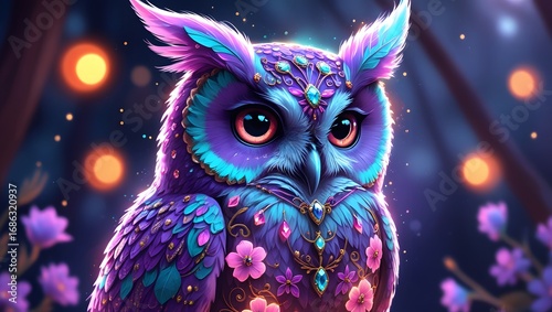 Fantastical Owl with Glowing Mushrooms for a Fairytale or Fantasy Theme