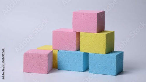 Colorful Foam Blocks Stacked in a Creative Arrangement for Child Play and Educational Activities on a Light Gray Background