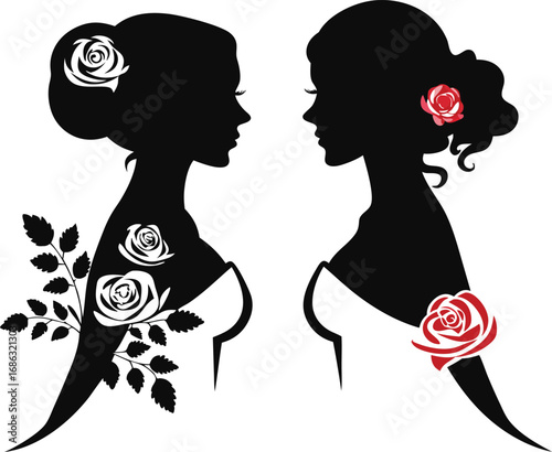 Elegant silhouette of two women with roses in their hair and dresses