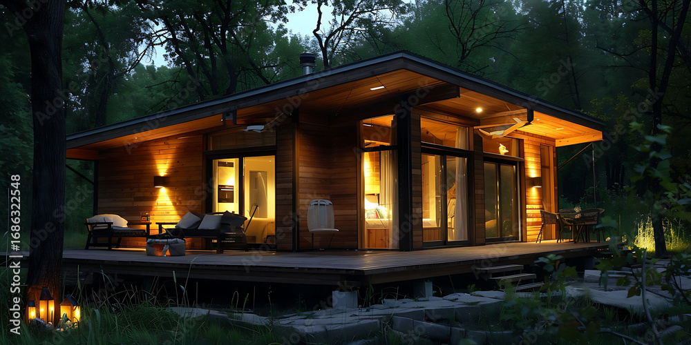 Obraz premium Warmly lit wooden cabin in dark forest with glowing windows, inviting ambiance, serene natural horizontal composition