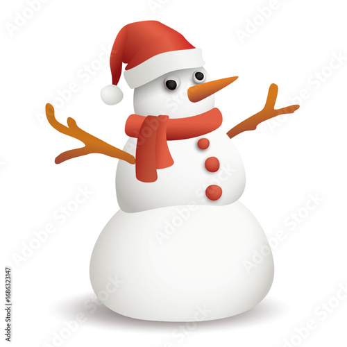 3D freaky snowman wearing Santa hat and scarf isolated on white background graphic illustration.
