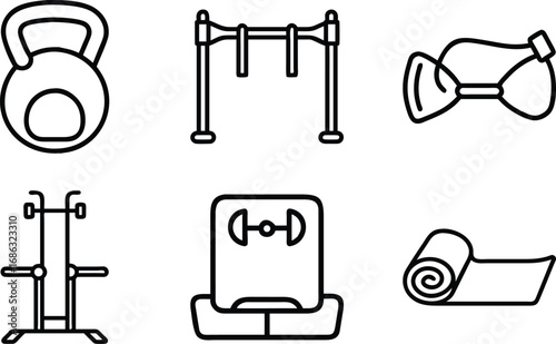 Kettlebell pull up bar jump rope weight bench yoga mat icons vector