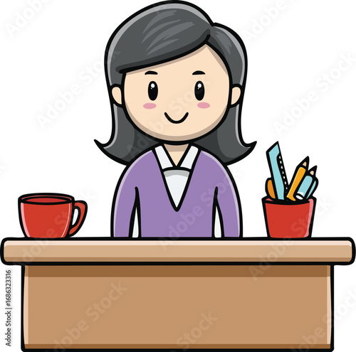 Cartoon woman behind desk with coffee cup and pen holder, smiling.