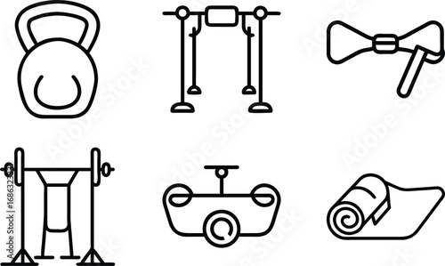 Kettlebell barbell rack pull up bar exercise mat and weights icons pullup