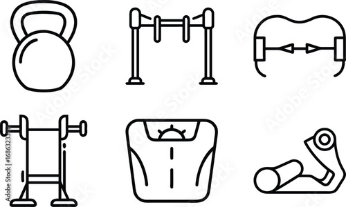 Set of six black outline fitness equipment icons on white background workout exercise