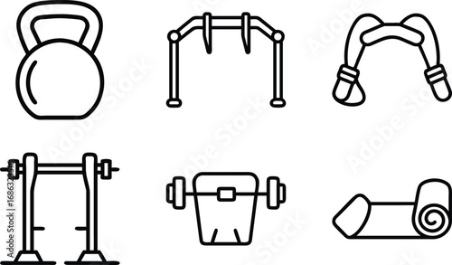 Collection of six black outline fitness equipment icons on white kettlebell barbell 1