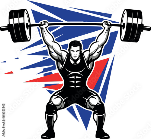 Muscular athlete performing a heavy barbell snatch, a dynamic vector mascot for fitness and strength training