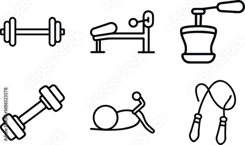 Six simple line art icons of gym equipment and fitness tools dumbbell weight