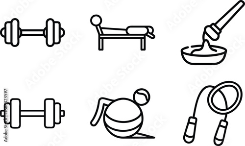 Six simple line art icons of fitness and art equipment dumbbell weight