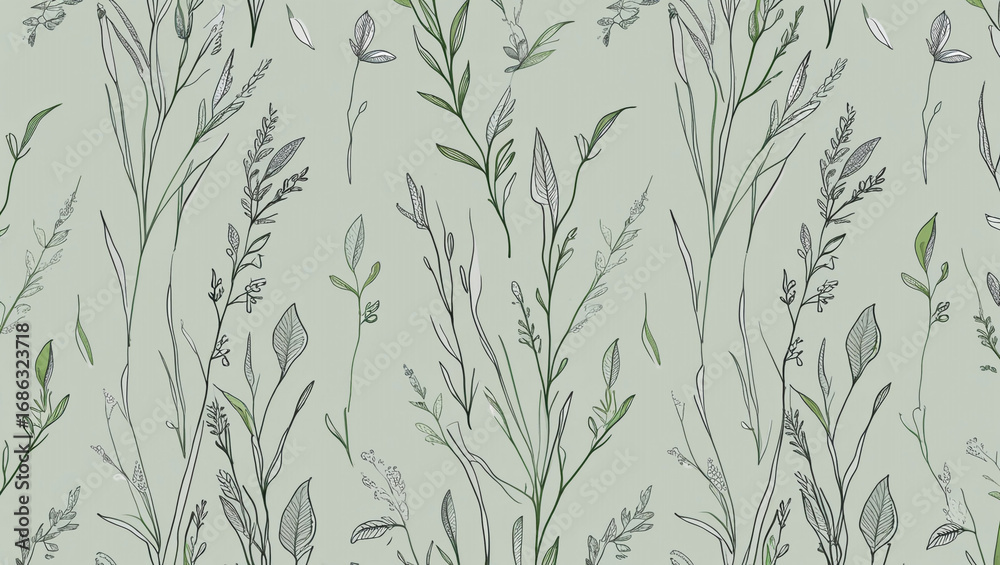 Fototapeta premium Botanical seamless pattern floral design with leaves and branches nature illustration wallpaper background