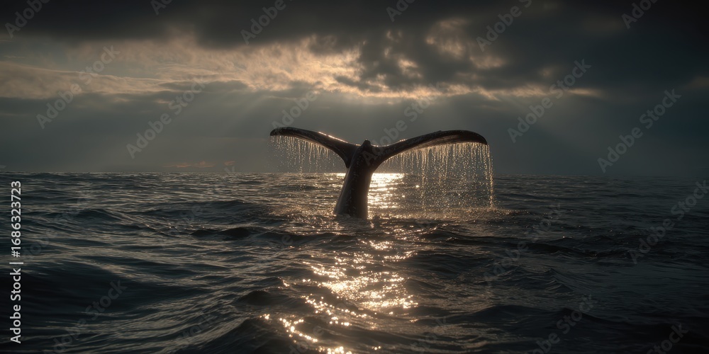 Fototapeta premium A whale tail splashes water against a dramatic, moody sky over the ocean surface.