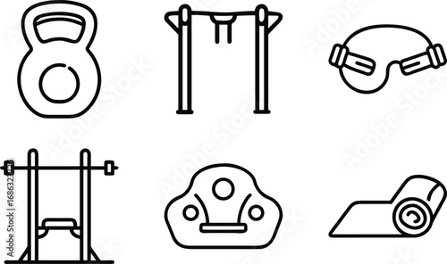Collection of six black outline fitness equipment icons on white kettlebell barbell
