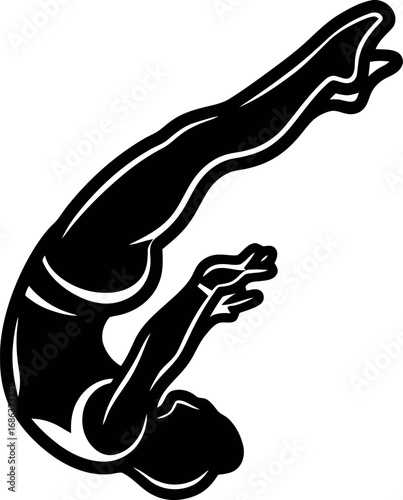 A sleek black and white vector illustration of an athlete performing a graceful dive, isolated on a white background