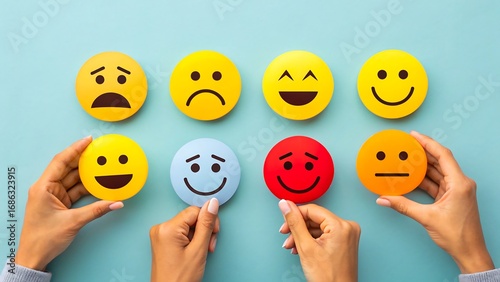 Hands holding colorful emoji faces showing different emotions on blue background
