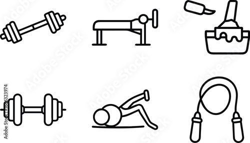 Six black line art icons of fitness equipment and exercise dumbbell barbell
