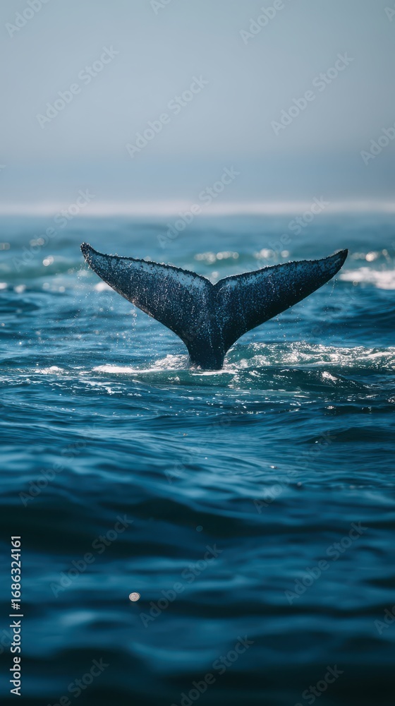Fototapeta premium Whale tail emerging from ocean waters, creating splashes in a tranquil setting.