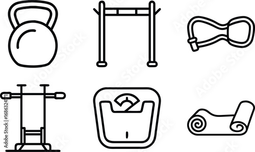 Six black outline icons of fitness equipment on white background kettlebell pullup