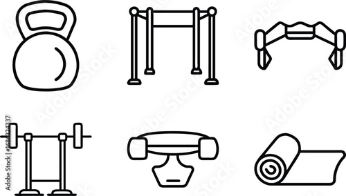 Six black line art icons of gym equipment on white background kettlebell pullup 2