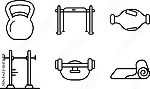 Collection of six black outline fitness equipment icons on white kettlebell pullup