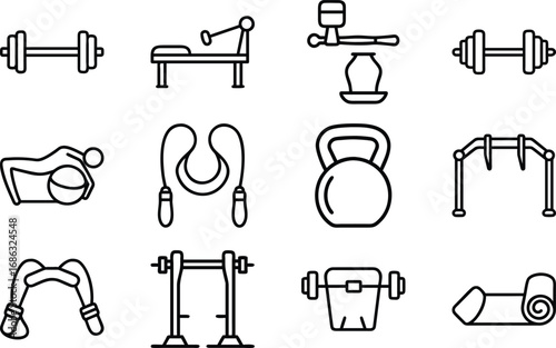 Collection of black line art fitness equipment icons on white background dumbbell 2