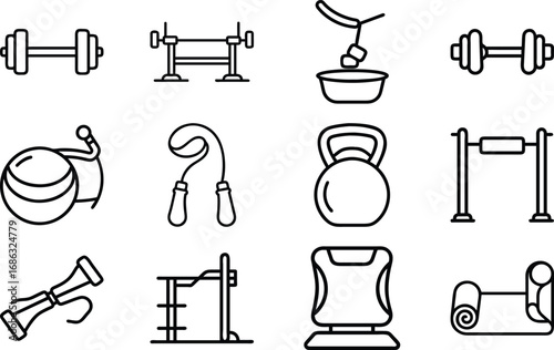Collection of black line art fitness equipment icons on white background dumbbell