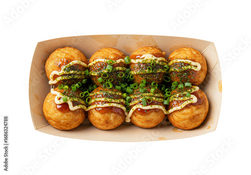 Overhead view of takoyaki balls in a box