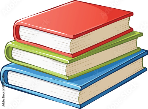 A colorful stack of three books, with red, green, and blue covers, arranged neatly.