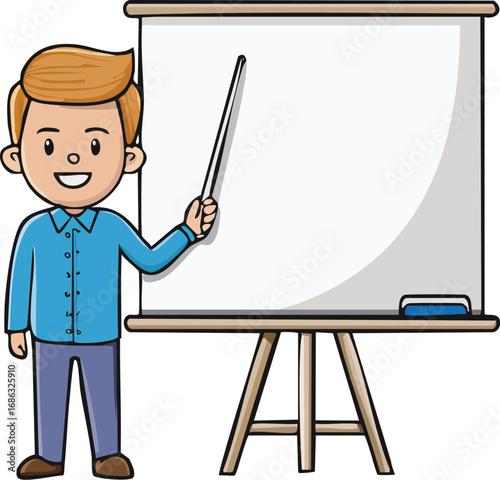Smiling man in a blue shirt giving a presentation at a whiteboard.