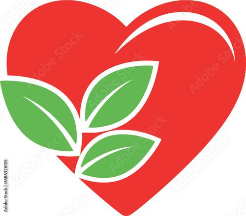 A vector illustration of a red heart icon adorned with green leaves, symbolizing a passion for natural health, organic lifestyle, and eco-friendly living