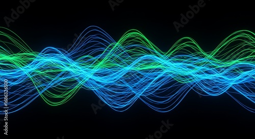 Dynamic abstract blue and green flowing lines form wave patterns. A digital visual representing sound frequencies, data streams, or energetic flow against a dark background