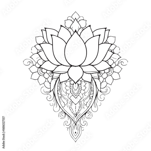 Vector Illustration of Ornamental Lotus Flower with Symmetrical Decorative Elements in Elegant Line Art Style