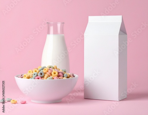 Colorful loop cereal in a white bowl with a glass bottle of milk and blank carton box on a pastel pink background.