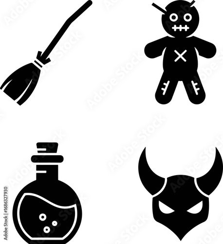 Halloween elements including a broom, voodoo doll, potion bottle, and devil mask arranged on a white surface to celebrate the spooky season.