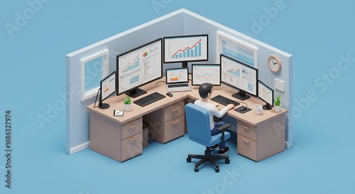 A stylized, minimalist depiction of a person working at a corner office desk with multiple computer screens displaying data visualizations, emphasizing a modern and efficient workspace.